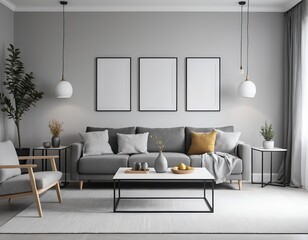 Modern Gray Living Room Interior with Cozy Sofa and Stylish Decor