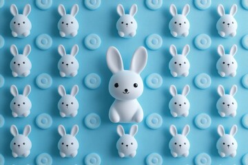 An Easter concept with a creative and minimal design, featuring a bunny on a blue background, viewed from above in a flat lay