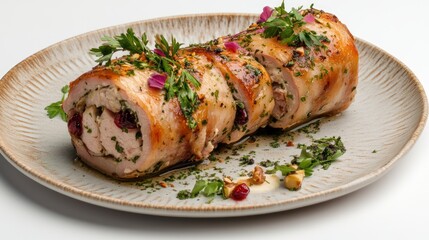 Sliced cranberry-stuffed chicken roulade on plate.