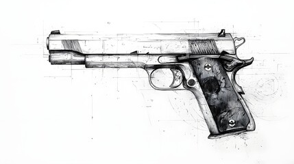 Abstract representation of a sleek modern pistol outline composed of simple geometric shapes in a minimalist monochrome aesthetic with ample negative space
