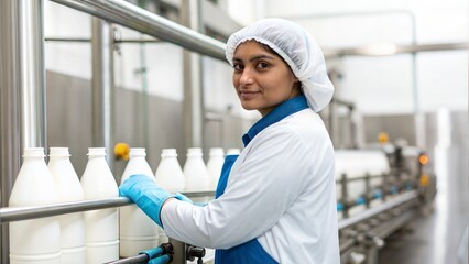 female Indian Factory Worker in Dairy Processing Plant Portrait looking at the camera– A worker handling milk processing equipment, ensuring hygiene and quality.
