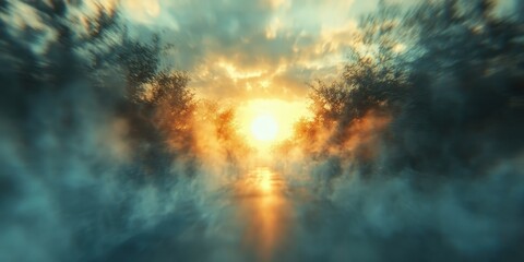 Fototapeta premium Golden sunbeams pierce soft clouds in a vibrant sky, blending blue, orange, and hints of yellow into a warm, radiant dawn