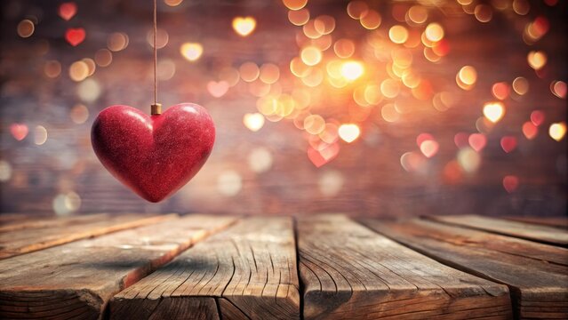 Romantic red heart ornament hanging above rustic wooden table with bokeh background