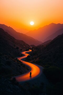 Motorcyclist rides bendy mountain road during a beautiful sunset or sunrise