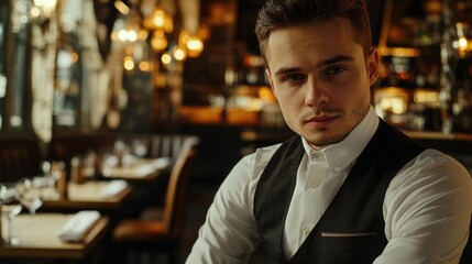 Fototapeta premium Man dining in a cozy restaurant setting, possibly waiting for food or enjoying a meal
