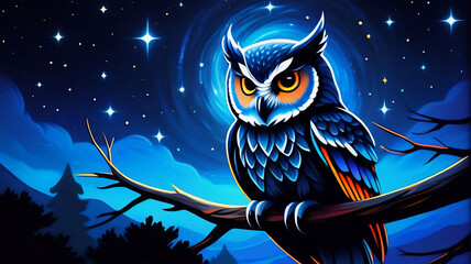 Obraz premium Owl in the Quiet Moonlit Night, cute and funny animals