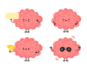 Funny Brain characters bundle set. Vector hand drawn doodle style cartoon character illustration icon design. Cute Brain mascot character collection