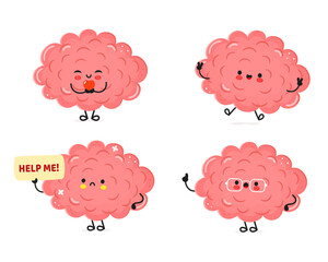 Funny Brain characters bundle set. Vector hand drawn doodle style cartoon character illustration icon design. Cute Brain mascot character collection