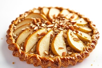 A close-up shot of a slice of apple pie, featuring sliced apples and a flaky crust