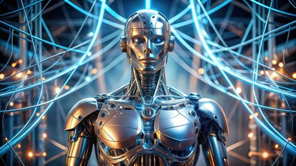 Advanced humanoid robot standing amidst complex network of glowing cables in futuristic technological setting