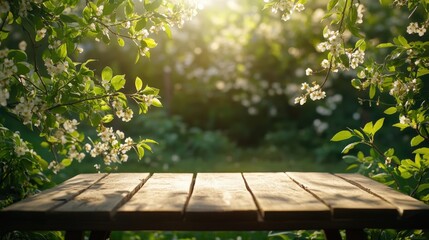 Naklejka premium A wooden table in a peaceful garden setting