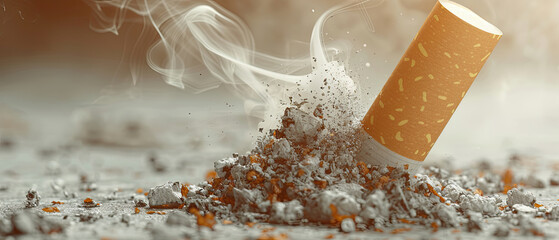 Smoking cigarette butt extinguished on the ground, releasing smoke and ash in an urban setting