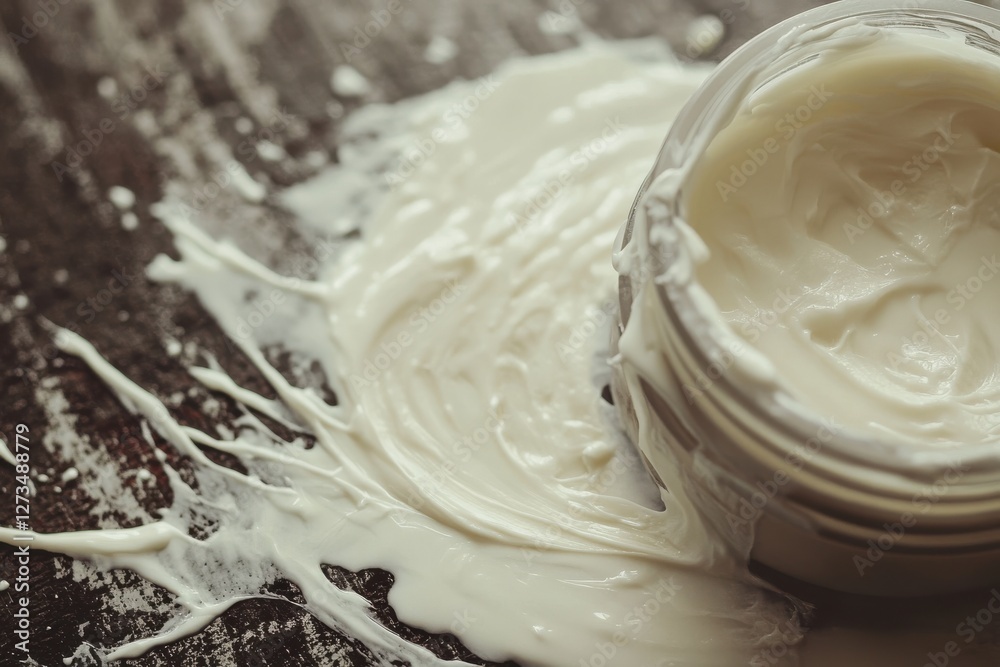 Poster Cream spills from a jar on a wooden surface creating a messy but artistic display of texture and color in natural light