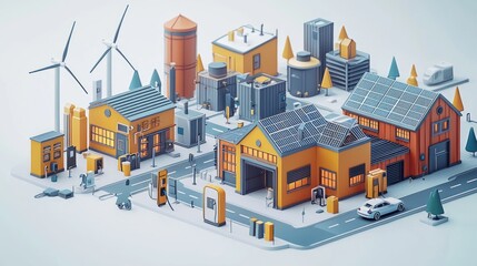 Low-poly sustainable city, clean energy, eco-friendly buildings, innovation