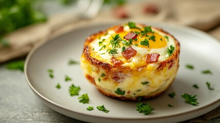 A single serving of a cheesy baked egg cup with crispy bacon bits, melted mozzarella, and parsley, elegantly plated on a sleek ceramic dish