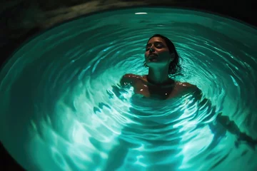 Gordijnen A woman relaxes and floats in a pool of water, perfect for summer or spa-themed imagery © Alena