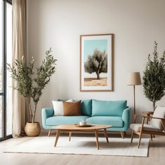 Modern Living Room Interior with Teal Sofa and Olive Tree Artwork