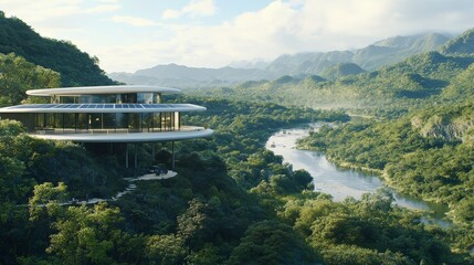 futuristic modular capsule houses with private balcony and large windows. Community is surrounded by landscaped greenery, with communal walkways