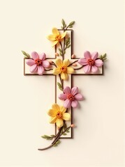 Beige Cross with Pink and Yellow Flowers