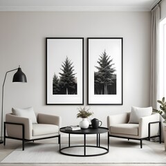 Modern Living Room Interior with Diptych of Black and White Forest Trees