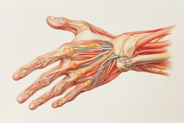 Detailed anatomical illustration of the human hand showcasing muscles and tendons for educational purposes