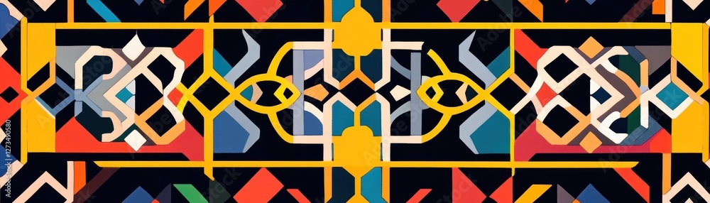 Poster geometric abstraction featuring symmetrical shapes and vibrant color palette