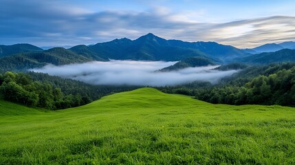 Obraz premium Lush Green Valley Surrounded by Rolling Hills and Mountains Shrouded in Morning Mist