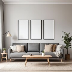 Modern Living Room Interior with Gray Sofa and Blank Frames