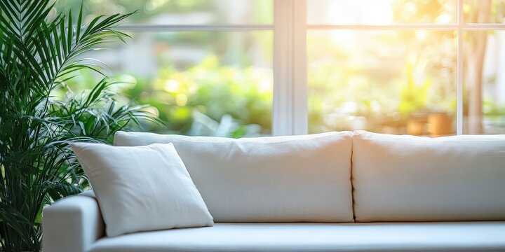 A serene scene captures a pristine white couch, adorned with an elegantly positioned white pillow angled towards the left. Its softness beckons as the backdrop fades into gentle focus