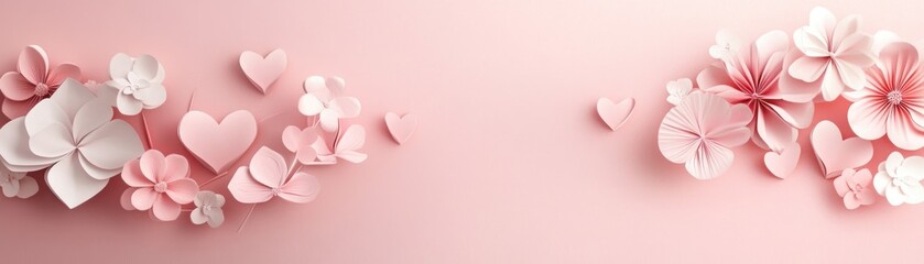 Delicate paper flowers and hearts adorn a pink background