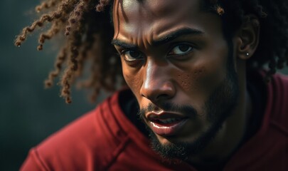 Intense close-up of a male athlete showcasing determination and focus, ideal for sports, fitness, or motivational content.