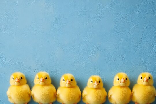 A row of miniature Easter chickens, positioned on a blue background