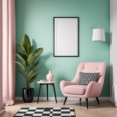 Pink Armchair in Mint Green Room Interior with Blank Frame