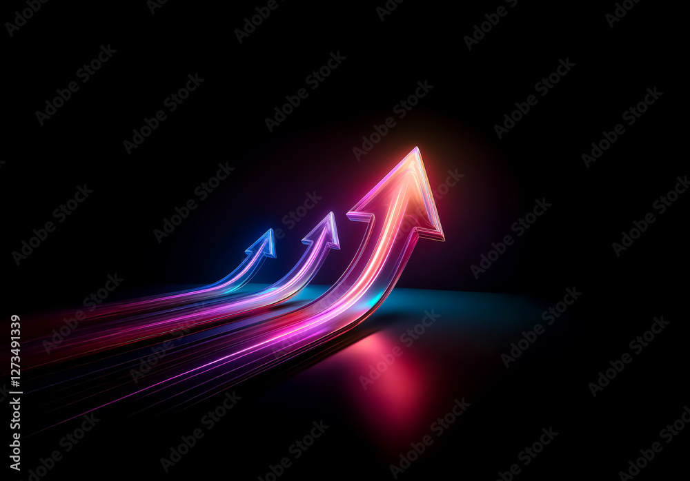 Poster Shenzhen, China - Unknown Date : Three luminous arrows ascend dynamically against a dark backdrop, trailing vibrant streaks of light, symbolizing progress and forward motion in a futuristic style.