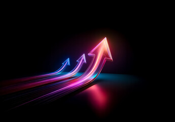 Shenzhen, China - Unknown Date : Three luminous arrows ascend dynamically against a dark backdrop, trailing vibrant streaks of light, symbolizing progress and forward motion in a futuristic style.