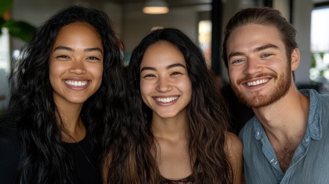 Diverse group of young adults smiling at camera in casual setting. National Internship Awareness Month - Powered by Adobe
