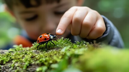 Curious caucasian child observing ladybug on mossy branch