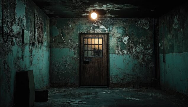 Abandoned room, dimly lit, wooden door, peeling paint. Use film still