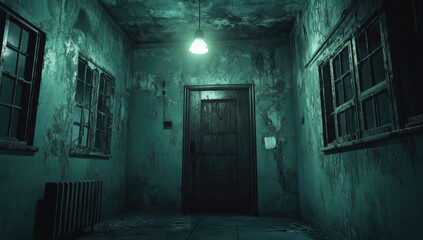 Abandoned hospital hallway, dimly lit, mystery door, peeling paint
