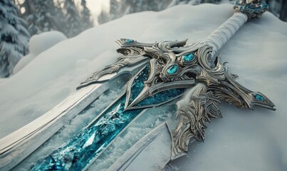 A beautifully crafted sword with intricate designs and blue gemstones resting on a snowy landscape