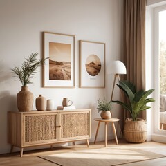 Modern Boho Living Room Interior with Rattan Cabinet