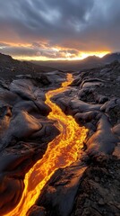 Fototapeta premium Glowing lava flow at sunset in volcanic landscape