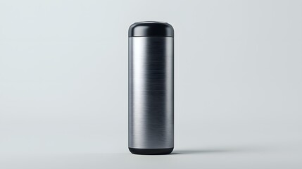 Minimalist and elegant metallic cylindrical battery standing upright on a clean white background with soft shadows and high level of detail showcasing a modern and sophisticated industrial design