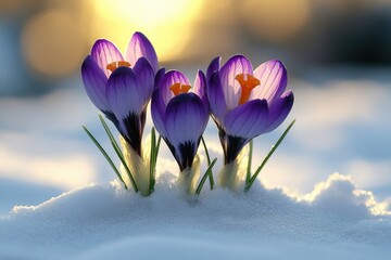 A cluster of purple flowers sits amidst the snow-covered ground, adding a pop of color to the winter landscape