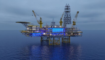 Offshore oil rig at sea, evening light, 3D model