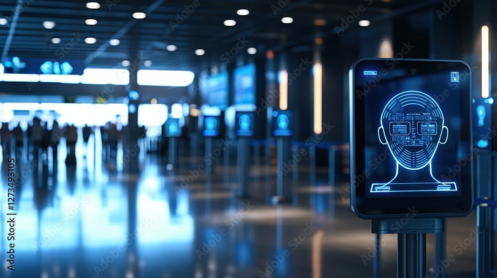 Poster automated facial recognition system at airport with high tech security features and advanced ai to s