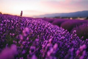 Fototapeta premium Blooming lavender field at dusk in the countryside for aromatherapy use