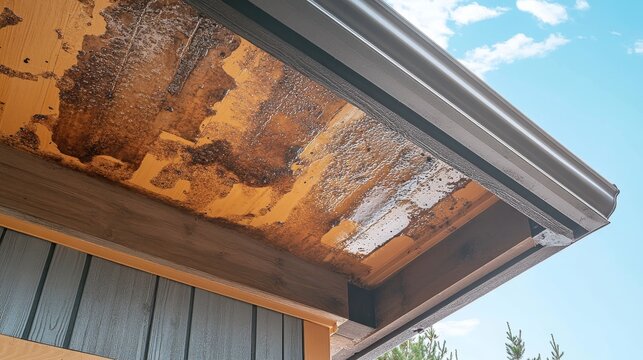 Damaged wood soffit showing mold and water damage.