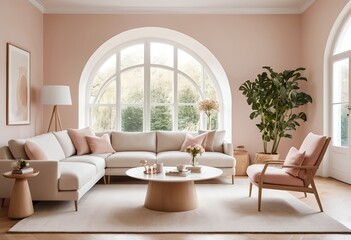 Fototapeta premium Modern Living Room Interior with Beige Sofa, Pink Armchair, and Arch Window