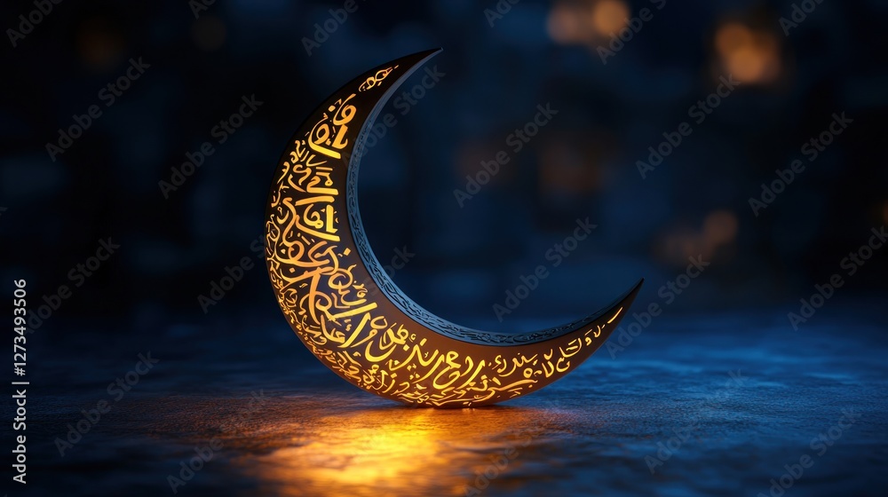 Poster illuminated crescent moon adorned with intricate arabic calligraphy